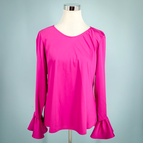 J. Crew Size Large L Pink Winter Garden Crew Long Bell Sleeve Satin Top Blouse - Picture 1 of 8